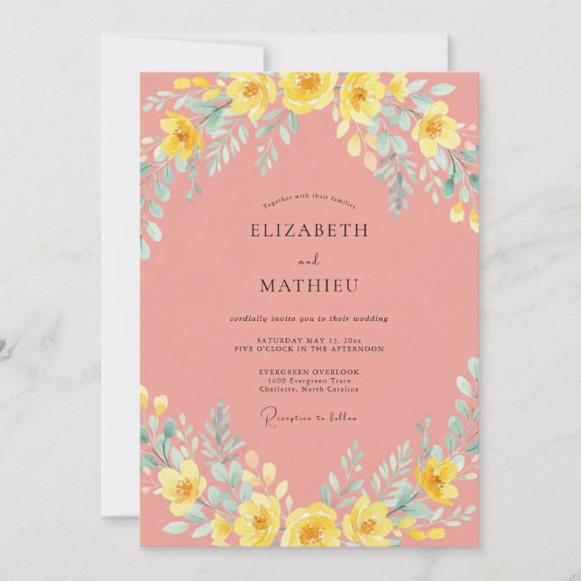 Coral Whimsical Floral Wedding Invitation (Front)