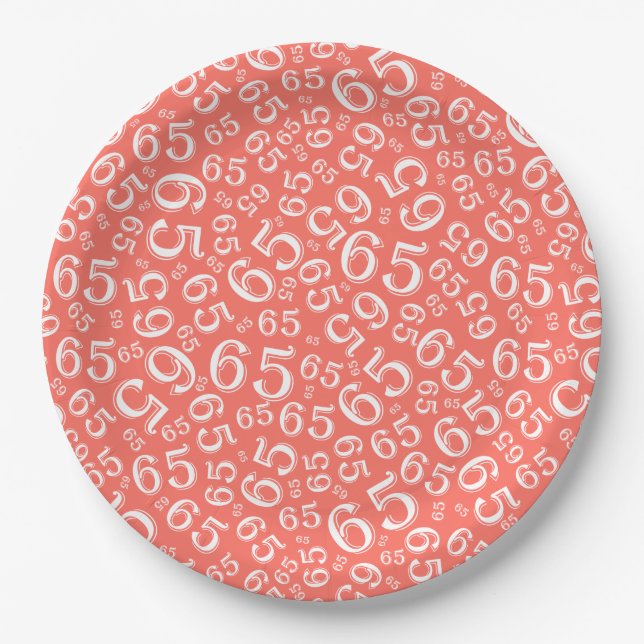  Coral/White 65th Random Number Pattern Paper Plate (Front)