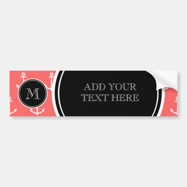 Coral White Anchors Pattern, Black Monogram Bumper Sticker (Front)