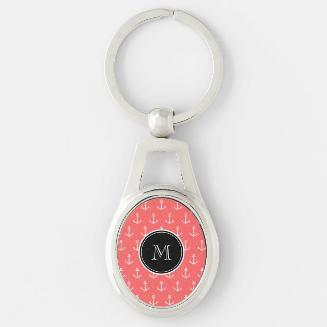 Coral White Anchors Pattern, Black Monogram Key Ring (Front)