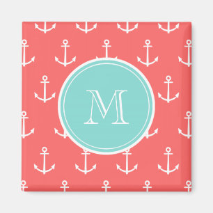Coral White Anchors Pattern, Mint Green Monogram Magnet