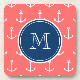 Coral White Anchors Pattern, Navy Blue Monogram Coaster
