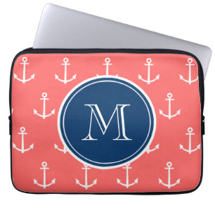 Coral White Anchors Pattern, Navy Blue Monogram Laptop Sleeve