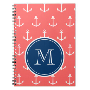 Coral White Anchors Pattern, Navy Blue Monogram Notebook