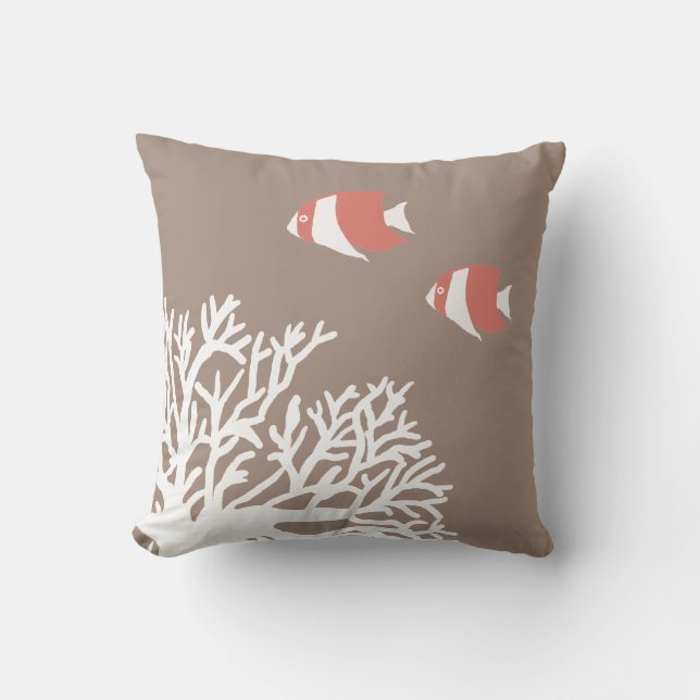Coral White and Ivory Beige Tropical Angelfish Cushion (Front)