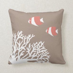 Coral White and Ivory Beige Tropical Angelfish Cushion
