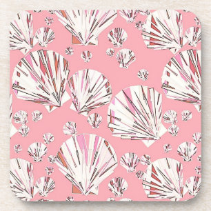 Coral, white and pink sea shells, peach background coaster