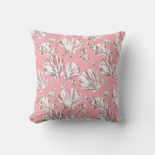 Coral, white and pink sea shells, pink background cushion