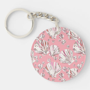 Coral, white and pink sea shells, pink background key ring