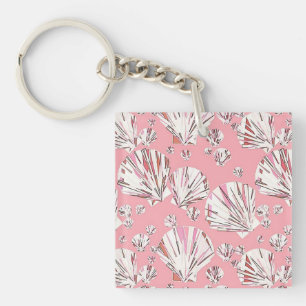Coral, white and pink sea shells, pink background key ring