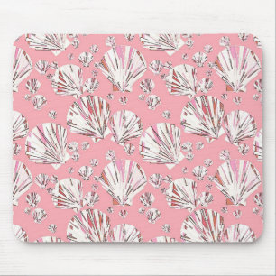 Coral, white and pink sea shells, pink background mouse mat