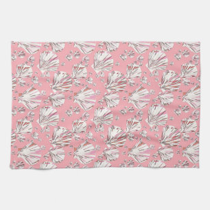 Coral, white and pink sea shells, pink background tea towel