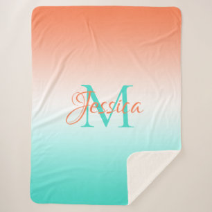 Coral White and Turquoise Ombre Monogrammed Sherpa Blanket