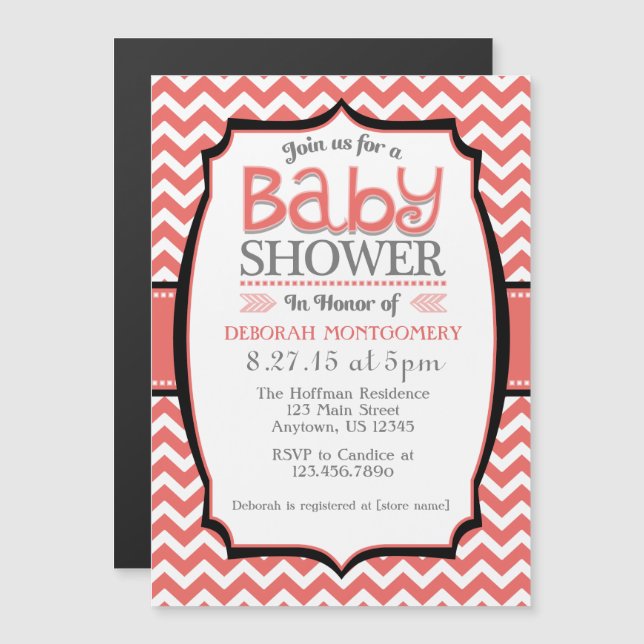 Coral White Chevron Magnetic Baby Shower Invite (Front/Back)