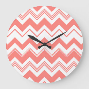 Coral White Chevron Pattern Large Clock