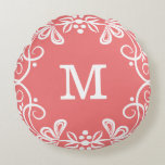 Coral White Custom Monogram Decorative Round Cushion<br><div class="desc">An elegant and decorative white flourish pattern frames your monogram initial letter to make your monogrammed throw pillow a special and unique one.The accent throw pillow adds colour and style to your home decor. A perfect gift for all occasions.</div>