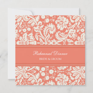 Coral White Damask Rehearsal Dinner Party Invitation