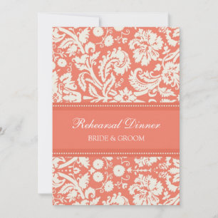 Coral White Damask Rehearsal Dinner Party Invitation