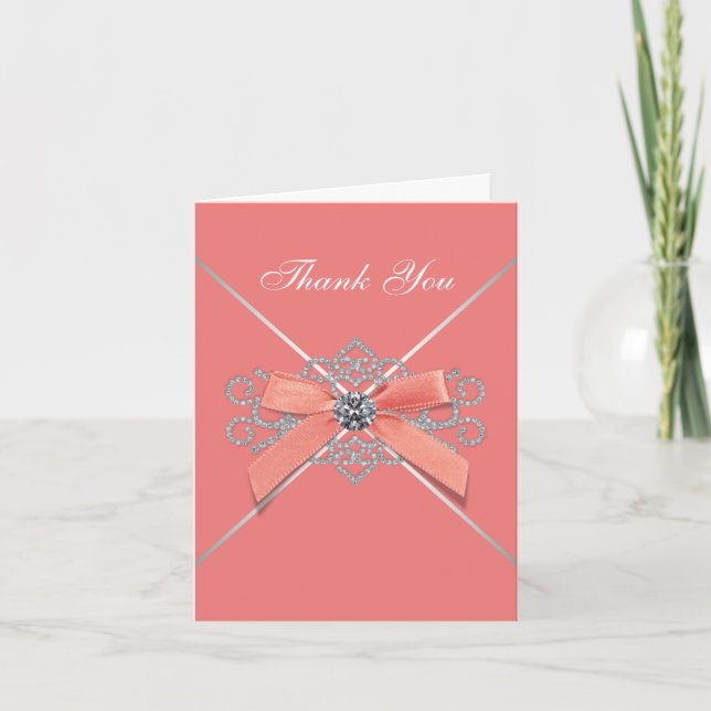 Coral White Diamonds Coral Bow Thank You Cards (Front)