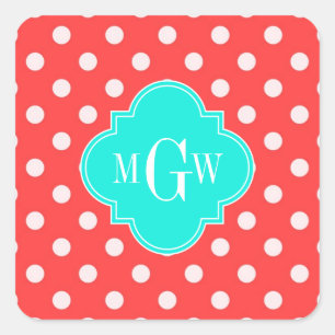 Coral White Dots Brt Aqua Quatrefoil 3 Monogram Square Sticker
