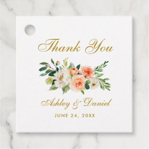Coral White Floral Gold Wedding Thank You Favour Tags