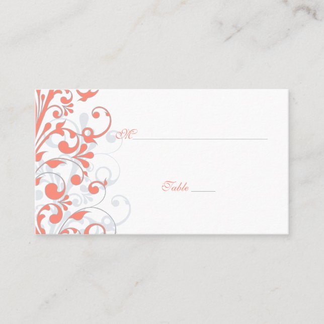 Coral, White Floral Wedding Place Cards (Front)