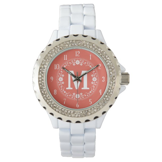 Coral White Floral Wreath Monogram Watch (Front)