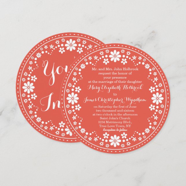 Coral White Floral Wreath Wedding Custom Invitation (Front/Back)