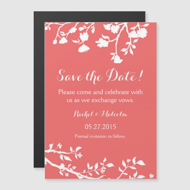 Coral White Flower Save The Date Magnet (Front/Back)