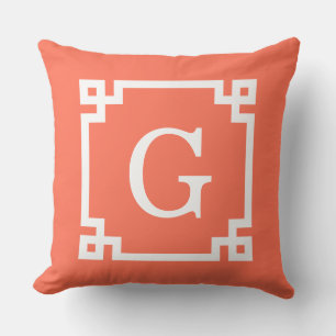 Coral White Greek Key Frame #2 Initial Monogram Cushion