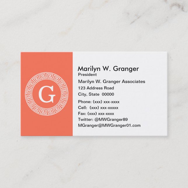 Coral White Greek Key Rnd Frame Initial Monogram Business Card (Front)