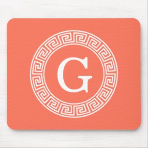 Coral White Greek Key Rnd Frame Initial Monogram Mouse Mat