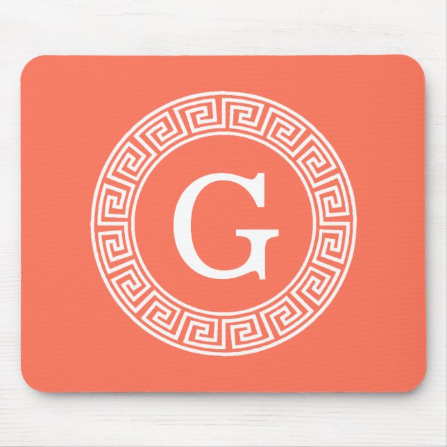 Coral White Greek Key Rnd Frame Initial Monogram Mouse Mat (Front)