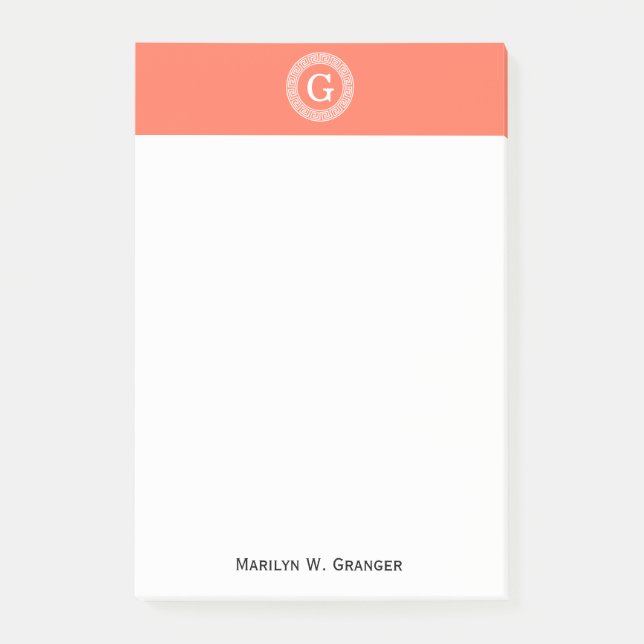 Coral White Greek Key Rnd Frame Initial Monogram Post-it Notes (Front)