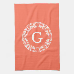 Coral White Greek Key Rnd Frame Initial Monogram Tea Towel