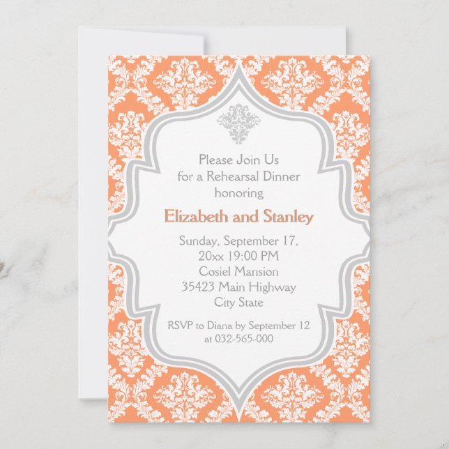 Coral, white, grey damask wedding Rehearsal Dinner Invitation (Front)