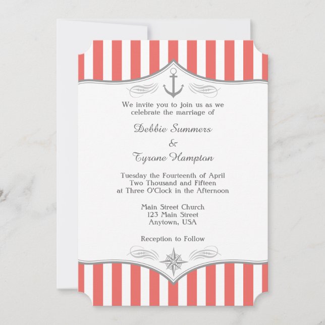 Coral White Grey Nautical Wedding Invitation (Front)