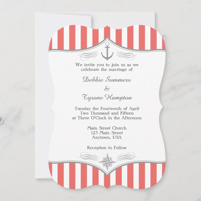 Coral White Grey Nautical Wedding Invitation (Front)