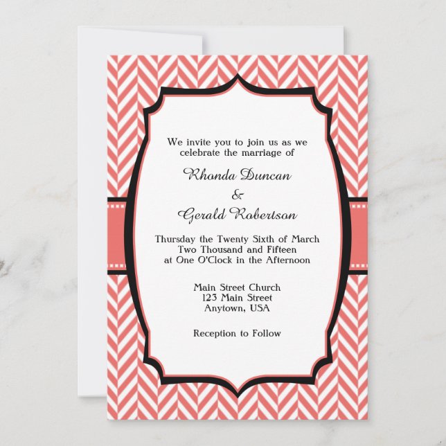 Coral White Herringbone Wedding Invitation (Front)