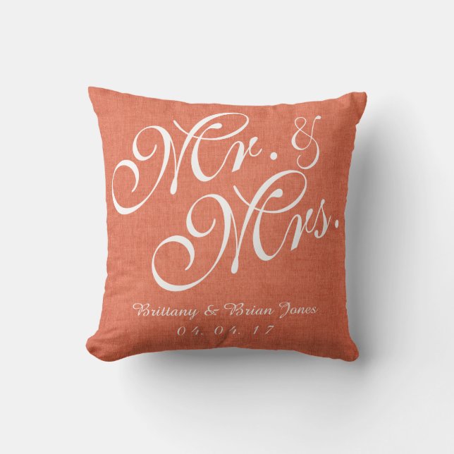Coral White Linen Mr. and Mrs. Wedding Pillow (Front)