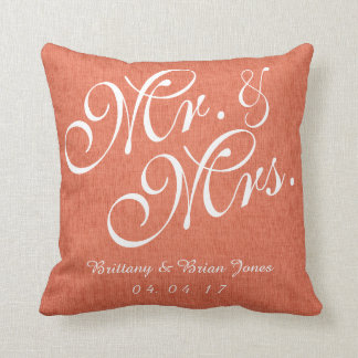 Coral White Linen Mr. and Mrs. Wedding Pillow