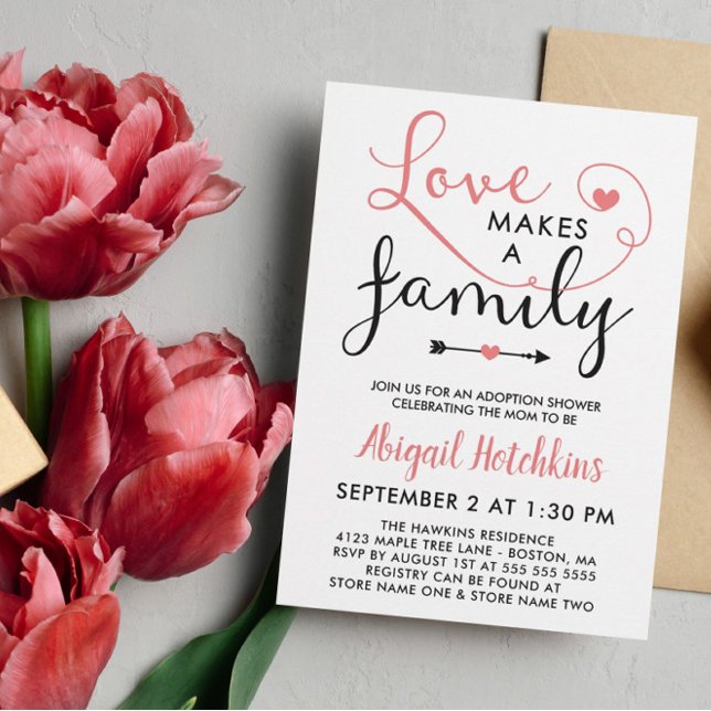 Coral White Love Makes A Family Adoption Shower Invitation (Creator Uploaded)
