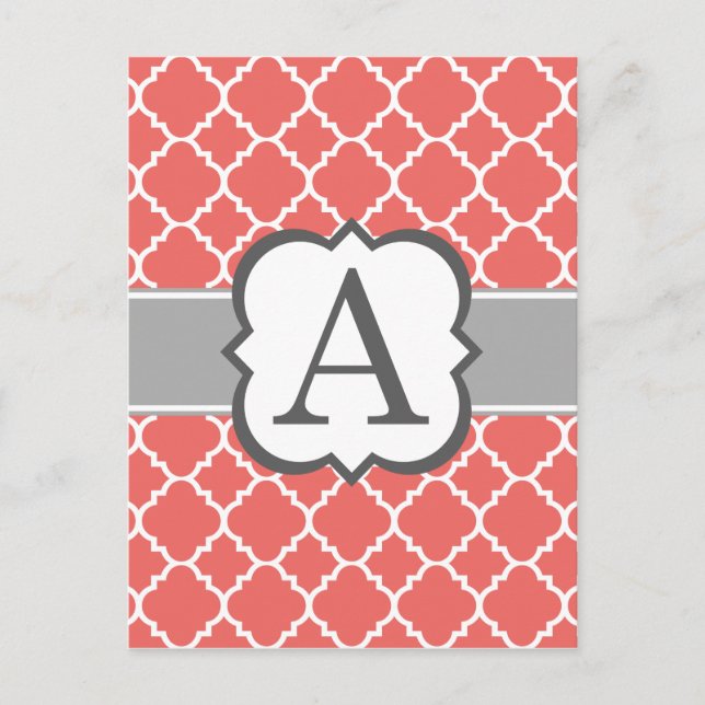 Coral White Monogram Letter A Quatrefoil Postcard (Front)
