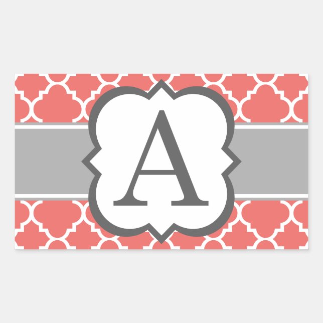 Coral White Monogram Letter A Quatrefoil Rectangular Sticker (Front)