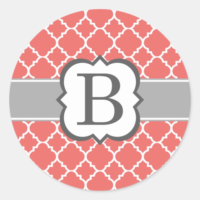 Coral White Monogram Letter B Quatrefoil Classic Round Sticker (Front)