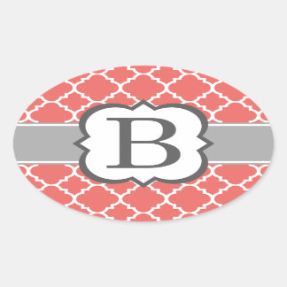Coral White Monogram Letter B Quatrefoil Oval Sticker