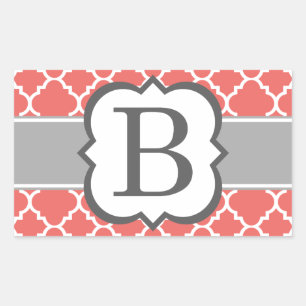 Coral White Monogram Letter B Quatrefoil Rectangular Sticker