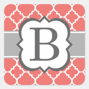 Coral White Monogram Letter B Quatrefoil Square Sticker