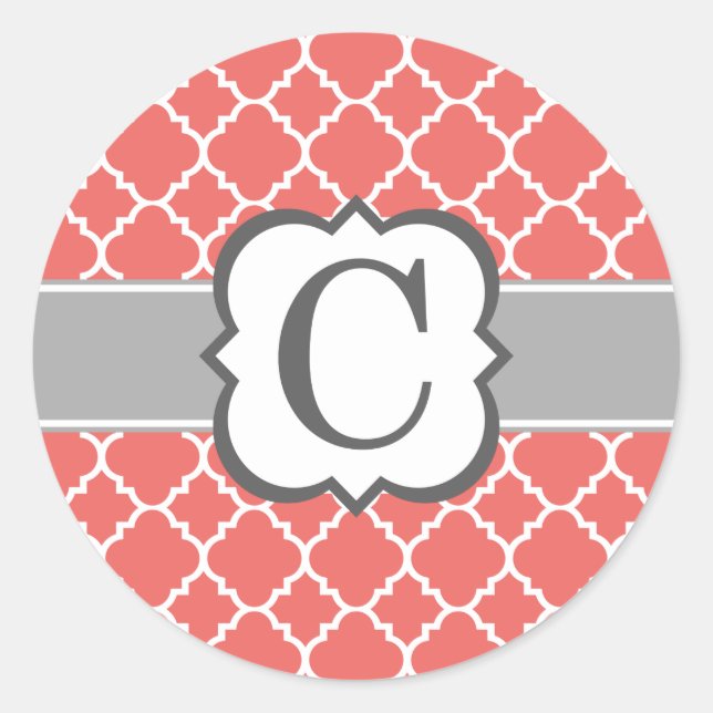 Coral White Monogram Letter C Quatrefoil Classic Round Sticker (Front)
