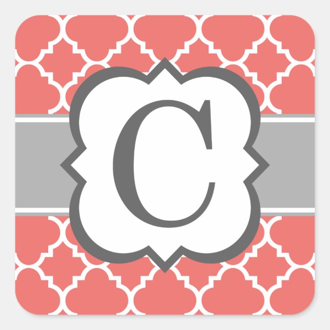 Coral White Monogram Letter C Quatrefoil Square Sticker (Front)